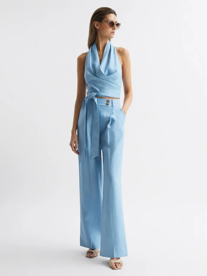 Reiss Tops Hollie Halter Neck Linen Blend Crop Top Blue 8211 Women