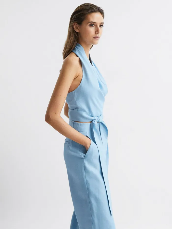 Reiss Tops Hollie Halter Neck Linen Blend Crop Top Blue 8211 Women