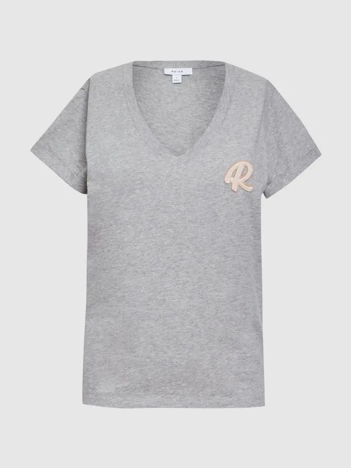 Reiss Tops Lara Cotton Motif VNeck TShirt Grey Marl 8211 Women