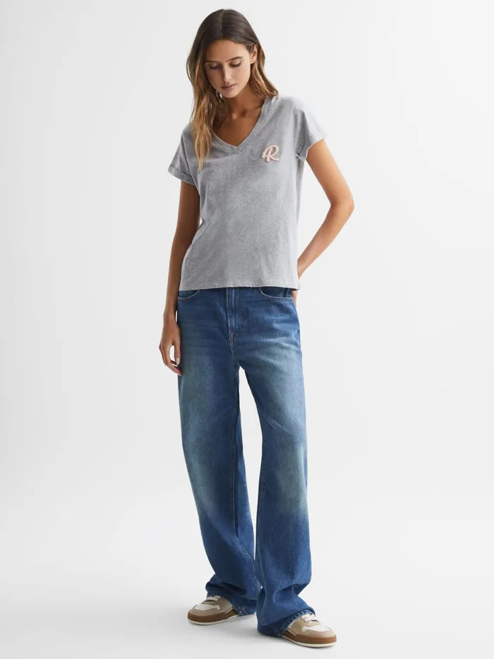 Reiss Tops Lara Cotton Motif VNeck TShirt Grey Marl 8211 Women