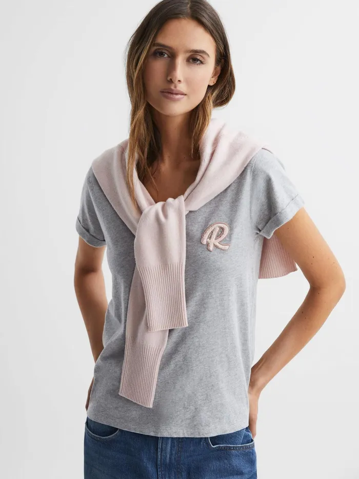 Reiss Tops Lara Cotton Motif VNeck TShirt Grey Marl 8211 Women