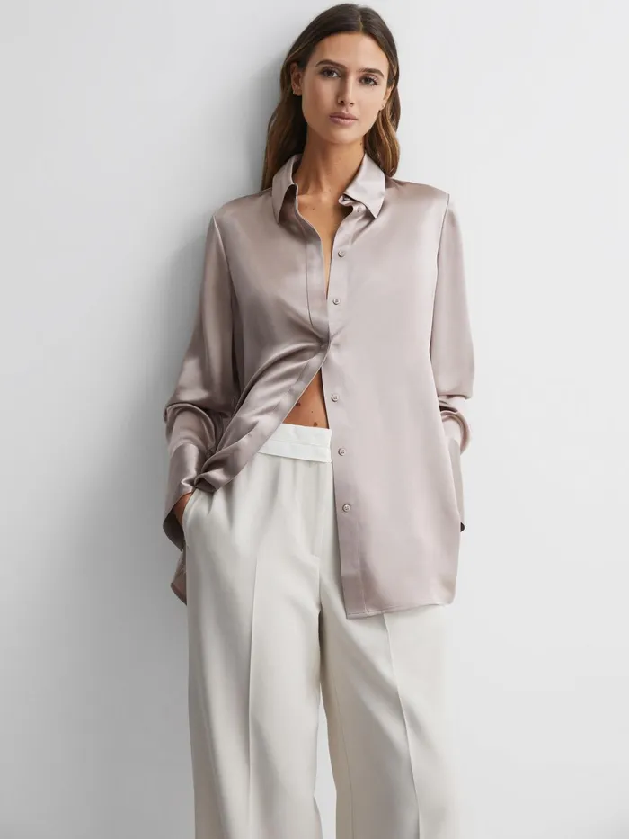 Reiss Tops Lola Oversized Silk Button Through Shirt Champagne 8211 Women