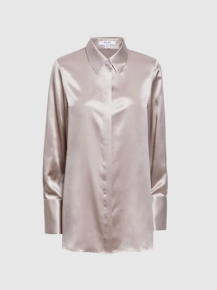 Reiss Tops Lola Oversized Silk Button Through Shirt Champagne 8211 Women