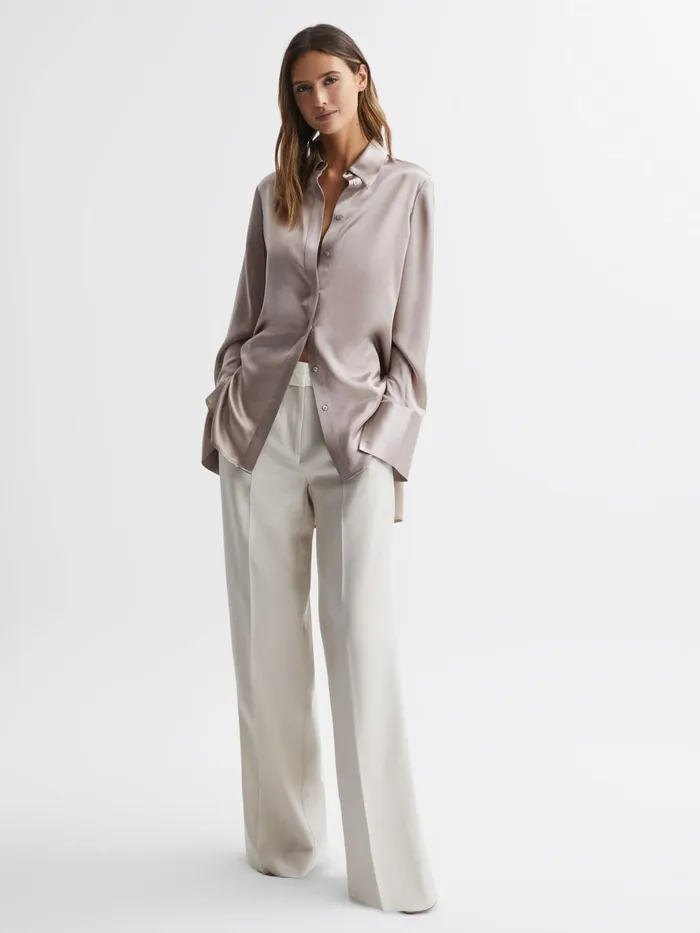 Reiss Tops Lola Oversized Silk Button Through Shirt Champagne 8211 Women