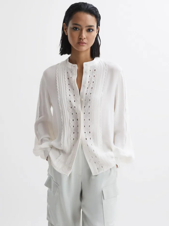Reiss Tops Maisie Collarless Long Sleeve Lace Blouse Cream 8211 Women
