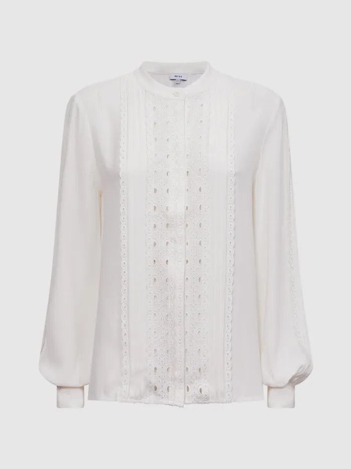 Reiss Tops Maisie Collarless Long Sleeve Lace Blouse Cream 8211 Women