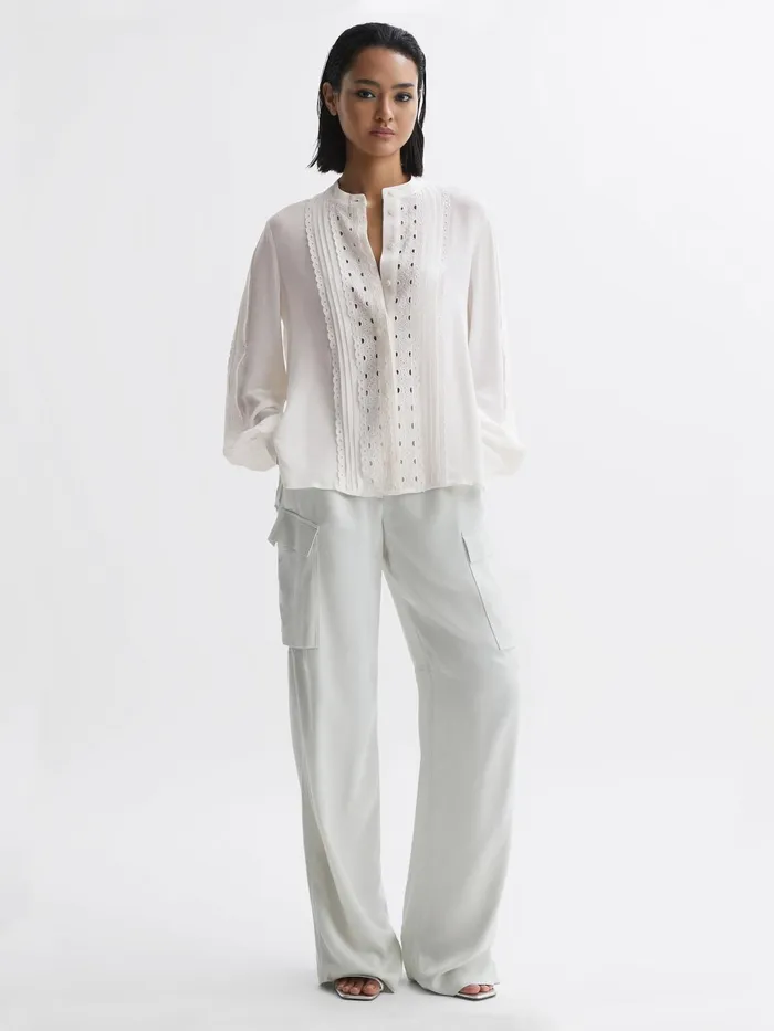 Reiss Tops Maisie Collarless Long Sleeve Lace Blouse Cream 8211 Women