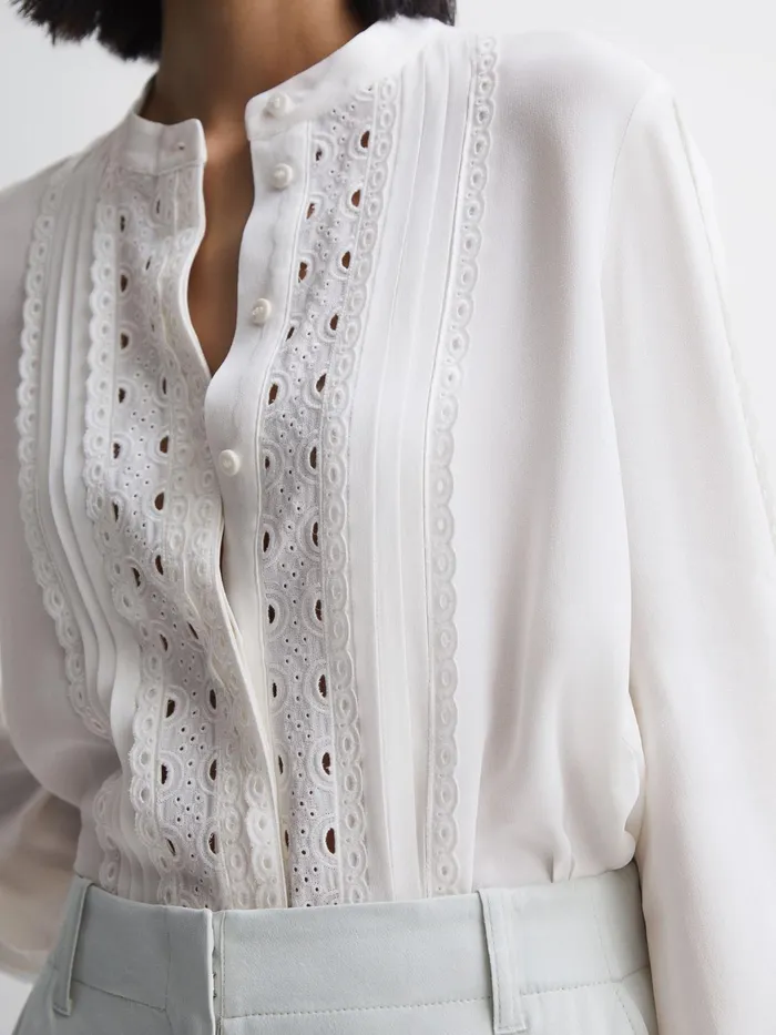 Reiss Tops Maisie Collarless Long Sleeve Lace Blouse Cream 8211 Women