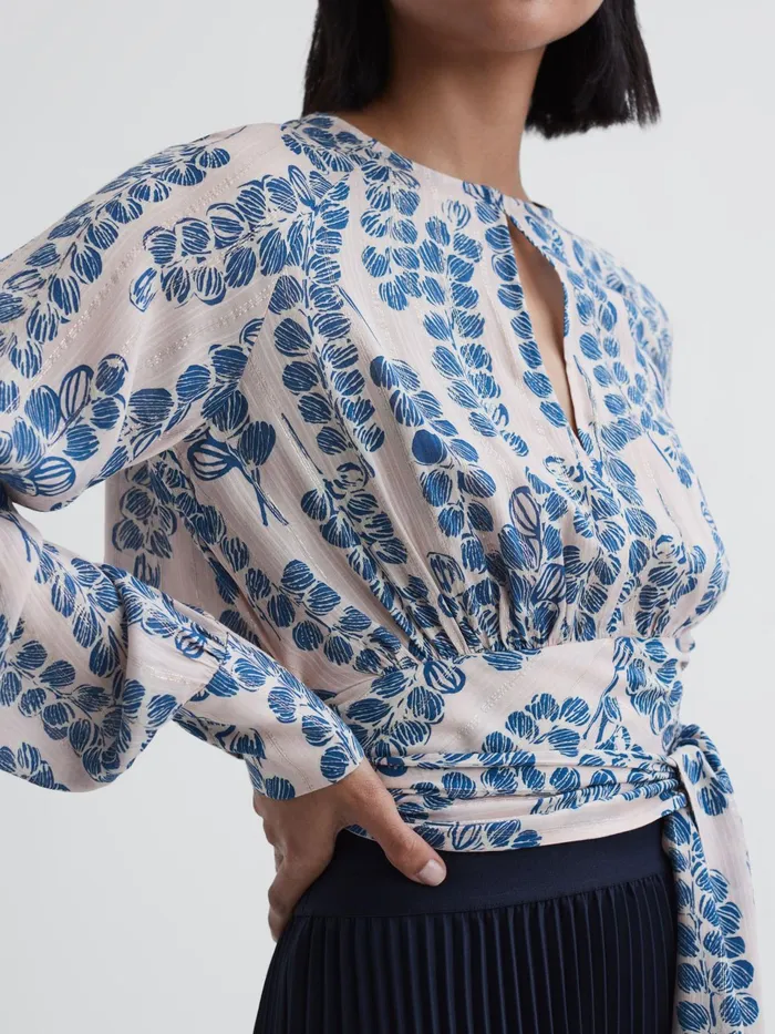 Reiss Tops Sadie Cropped Printed Belted Blouse Pinkblue 8211 Women