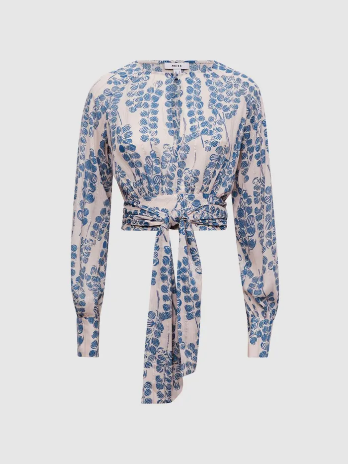 Reiss Tops Sadie Cropped Printed Belted Blouse Pinkblue 8211 Women