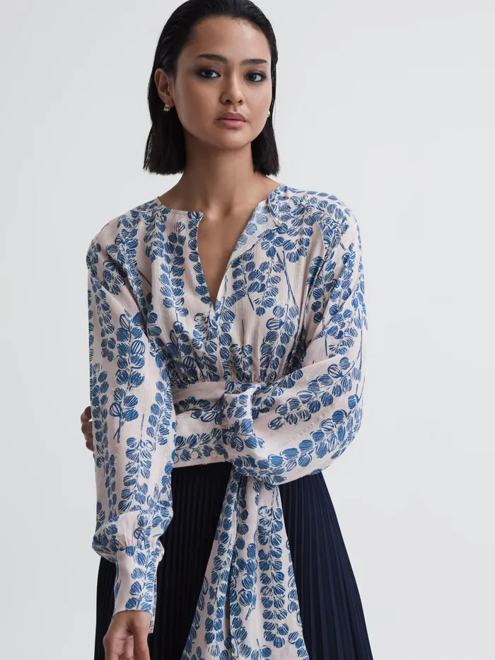 Reiss Tops Sadie Cropped Printed Belted Blouse Pinkblue 8211 Women