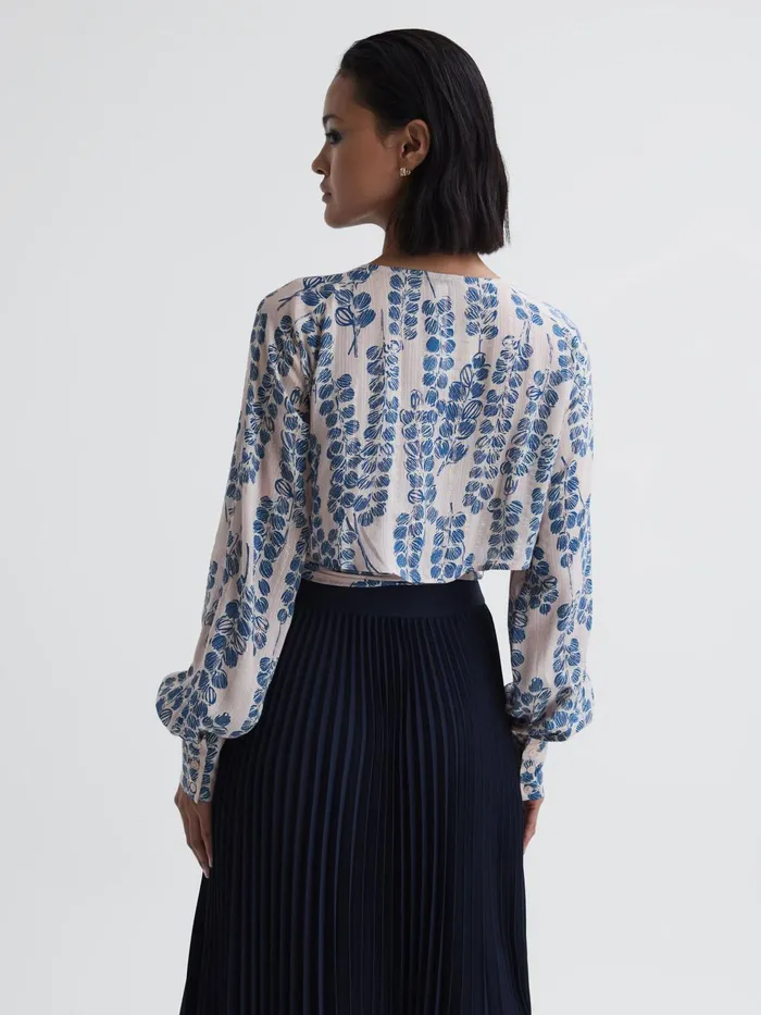 Reiss Tops Sadie Cropped Printed Belted Blouse Pinkblue 8211 Women
