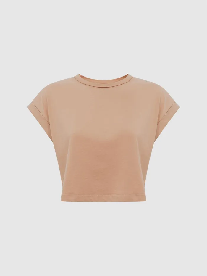 Reiss Tops Terry Cotton Crew Neck Crop Top Camel 8211 Women