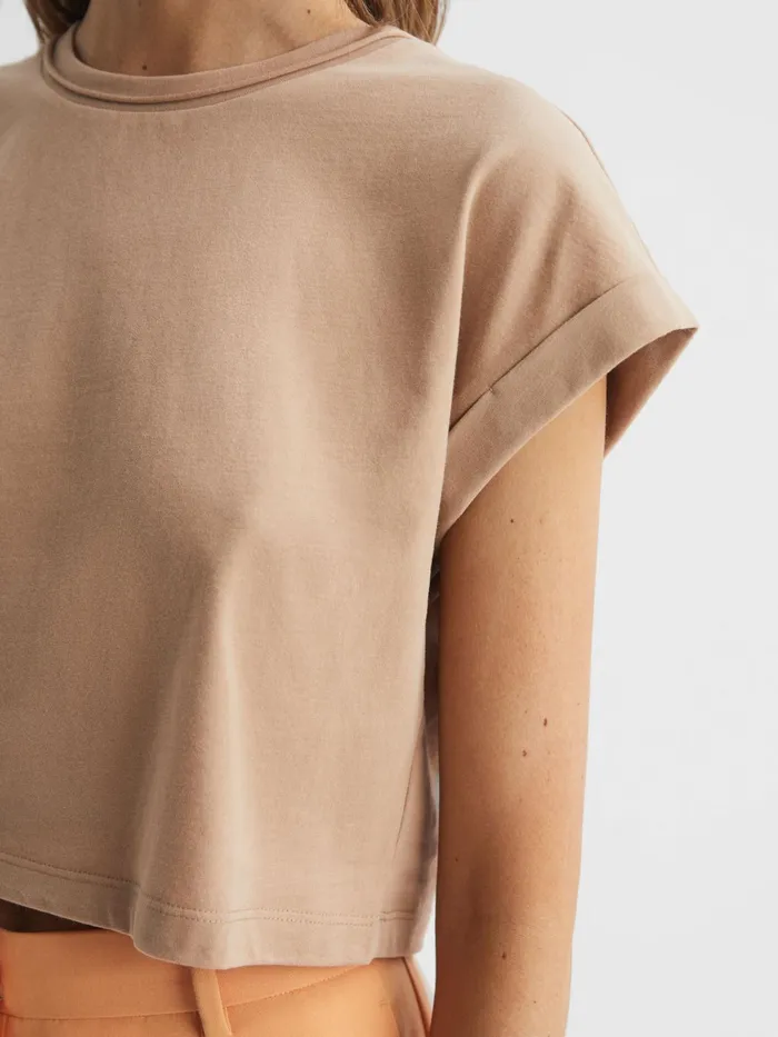 Reiss Tops Terry Cotton Crew Neck Crop Top Camel 8211 Women