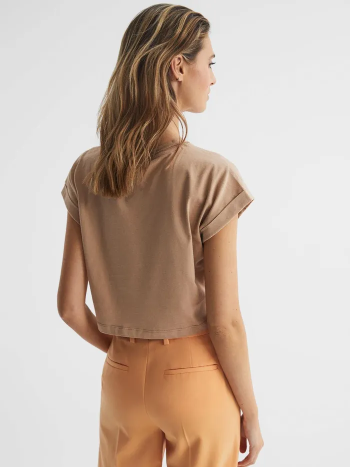 Reiss Tops Terry Cotton Crew Neck Crop Top Camel 8211 Women