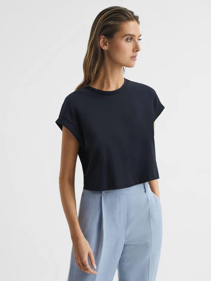 Reiss Tops Terry Cotton Crew Neck Crop Top Navy 8211 Women