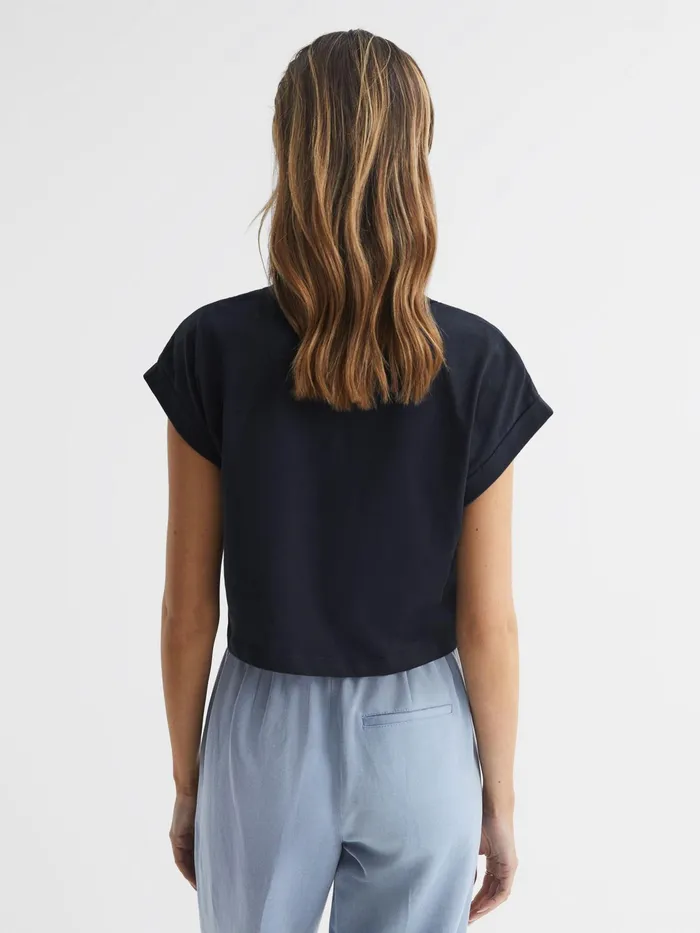Reiss Tops Terry Cotton Crew Neck Crop Top Navy 8211 Women
