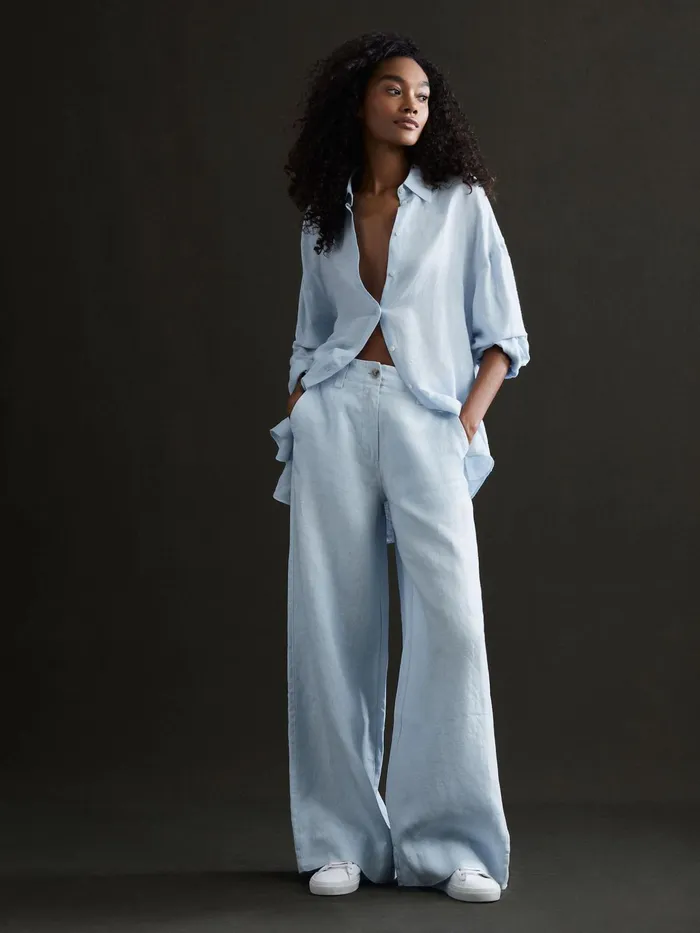 Reiss Trousers Demi Linen Wide Leg Garment Dyed Trousers Ice Blue 8211 Women