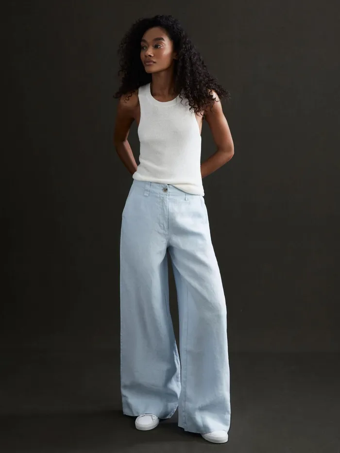 Reiss Trousers Demi Linen Wide Leg Garment Dyed Trousers Ice Blue 8211 Women