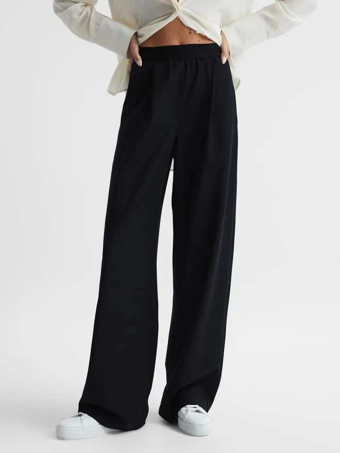 Reiss Trousers Lena Logo Pull On Wide Leg Trousers Navy 8211 Women