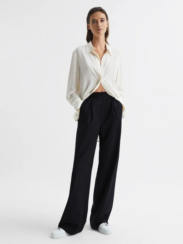 Reiss Trousers Lena Logo Pull On Wide Leg Trousers Navy 8211 Women