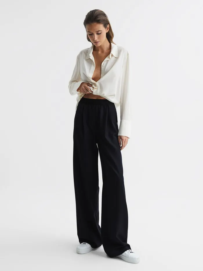 Reiss Trousers Lena Logo Pull On Wide Leg Trousers Navy 8211 Women