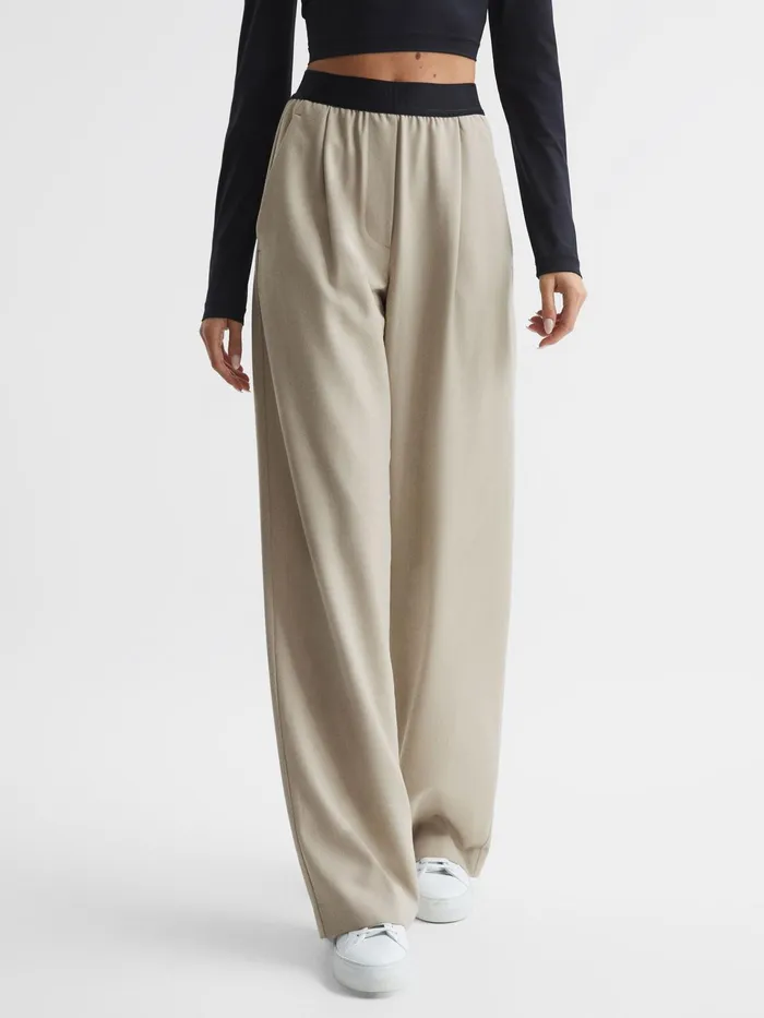 Reiss Trousers Lena Logo Pull On Wide Leg Trousers Stone 8211 Women