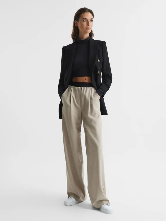 Reiss Trousers Lena Logo Pull On Wide Leg Trousers Stone 8211 Women