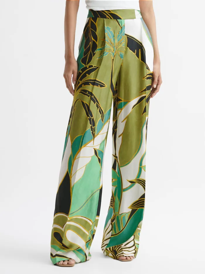 Reiss Trousers Luna Wide Leg Mid Rise Printed Trousers Green Print 8211 Women