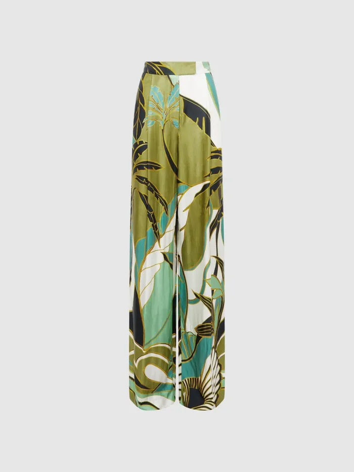 Reiss Trousers Luna Wide Leg Mid Rise Printed Trousers Green Print 8211 Women