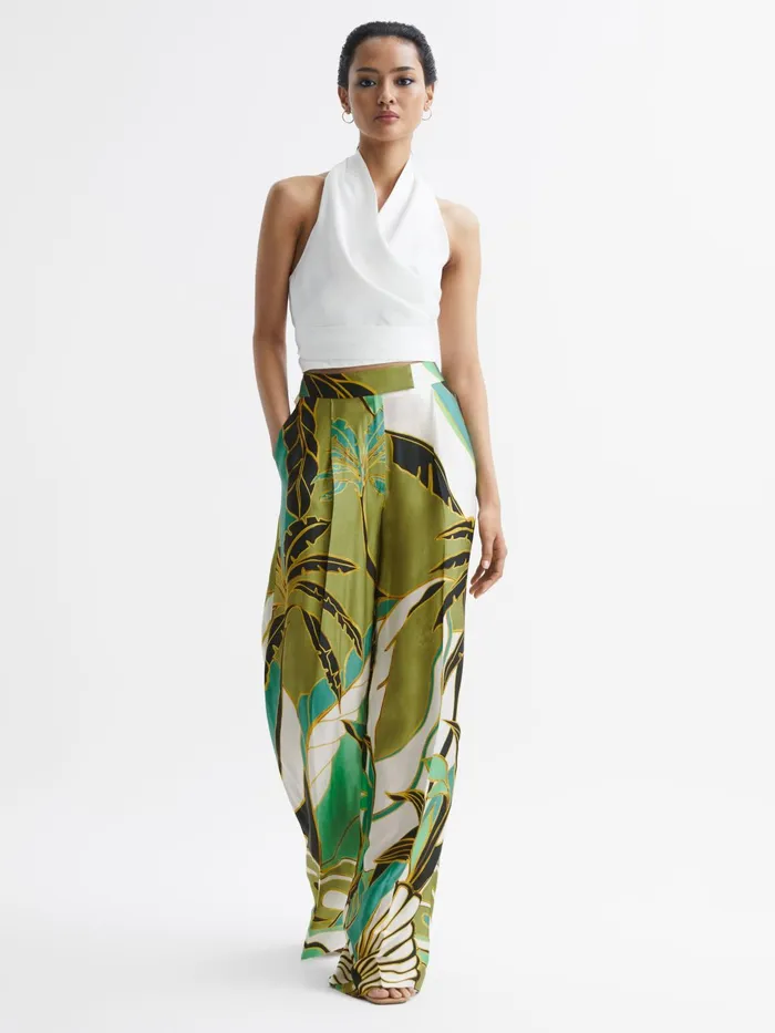 Reiss Trousers Luna Wide Leg Mid Rise Printed Trousers Green Print 8211 Women