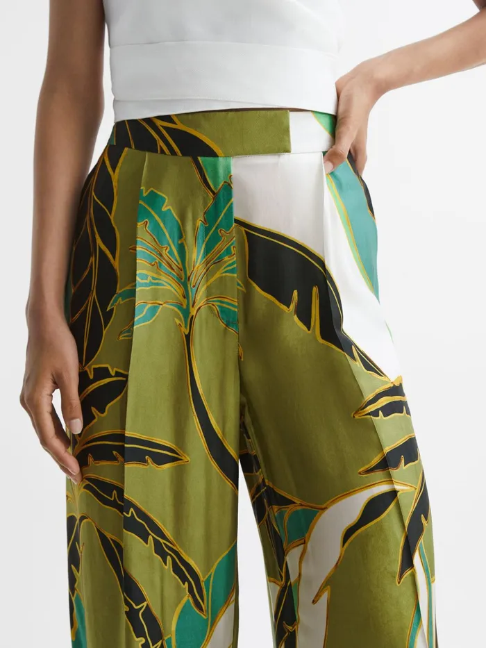 Reiss Trousers Luna Wide Leg Mid Rise Printed Trousers Green Print 8211 Women