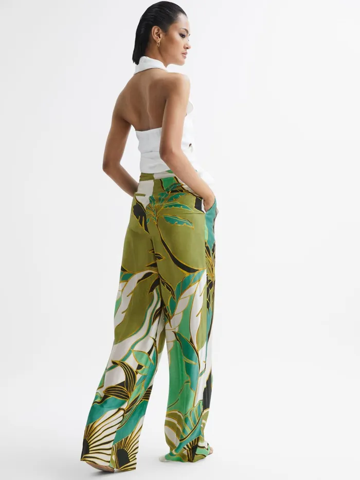 Reiss Trousers Luna Wide Leg Mid Rise Printed Trousers Green Print 8211 Women