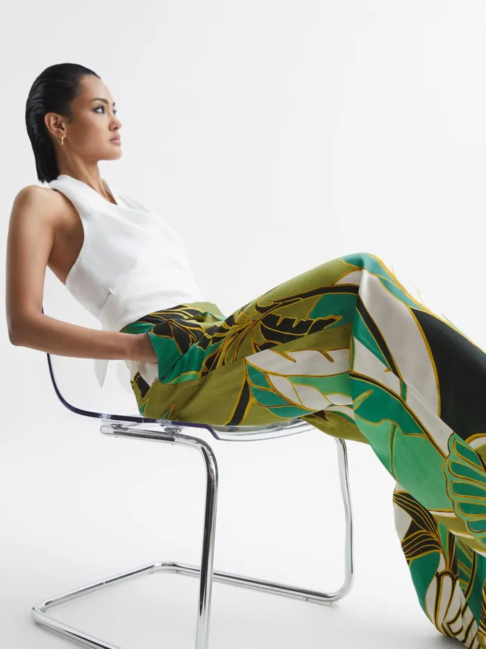 Reiss Trousers Luna Wide Leg Mid Rise Printed Trousers Green Print 8211 Women