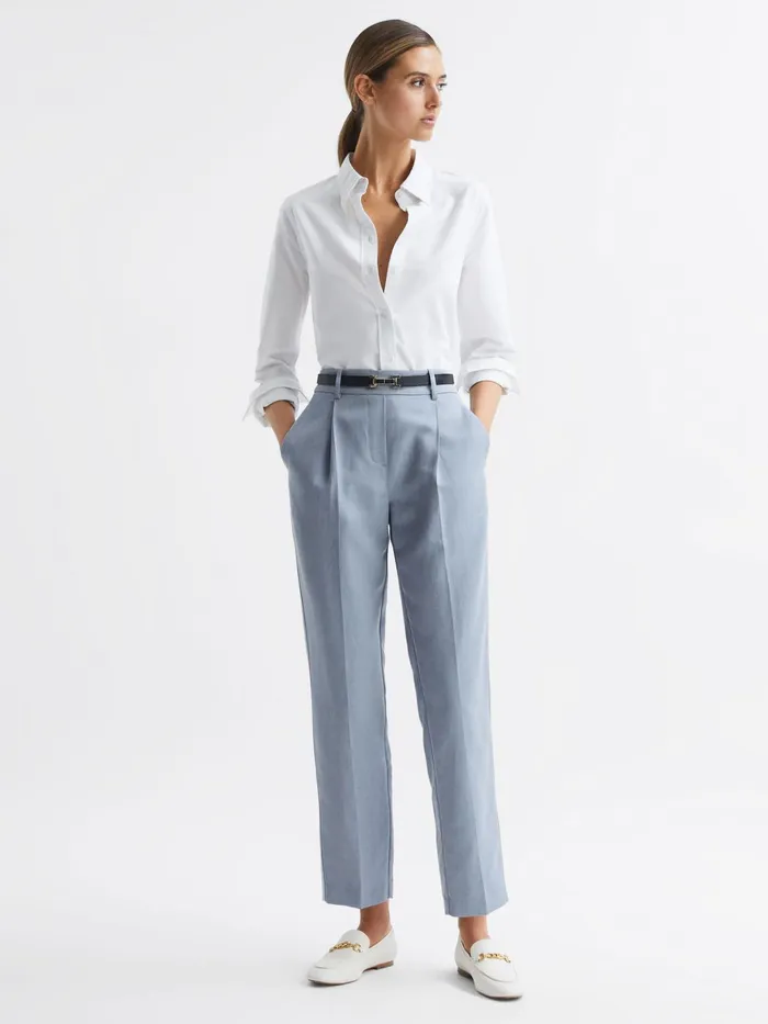 Reiss Trousers Shae Taper Tapered Linen Trousers Pale Blue 8211 Women