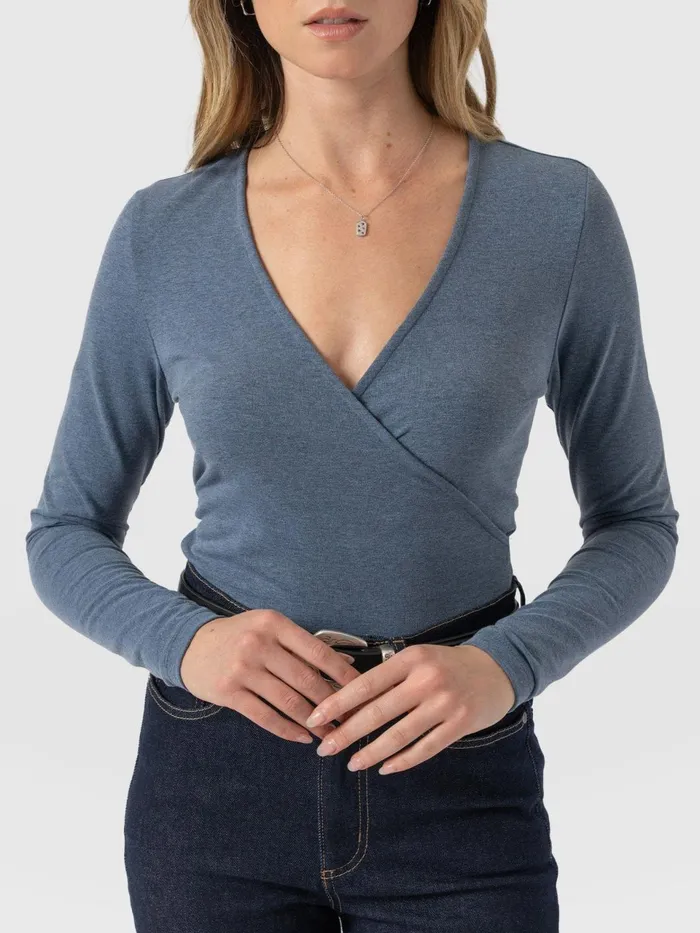 Rosa Wrap Tee Long Sleeve 8211 Blue Blue Women Saint And Sofia TShirts and Tanks