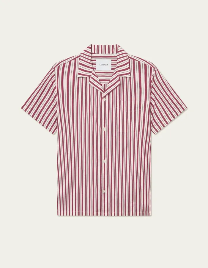 ShirtsOvershirts Men Les Deux Klark Stripe Poplin SS Shirt 8211 Beet RedWhite