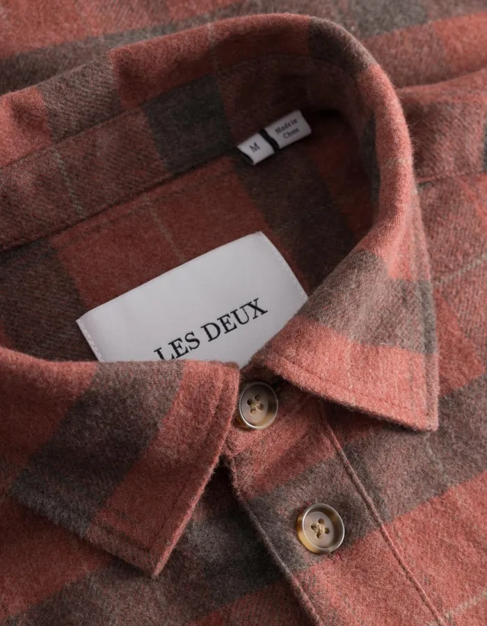 ShirtsOvershirts Men Les Deux Lennon Flannel Check Overshirt 8211 Coffee BrownFired Brick