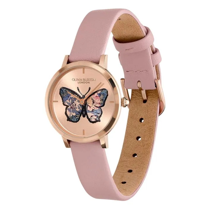 Signature Watches Women Olivia Burton 28mm Butterfly Ultra Slim Rose Gold and Mellow Rose Leather Strap Watch