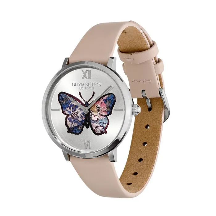 Signature Watches Women Olivia Burton 35mm Butterfly Ultra Slim Silver and Nude Leather Strap Watch