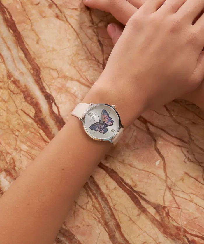 Signature Watches Women Olivia Burton 35mm Butterfly Ultra Slim Silver and Nude Leather Strap Watch