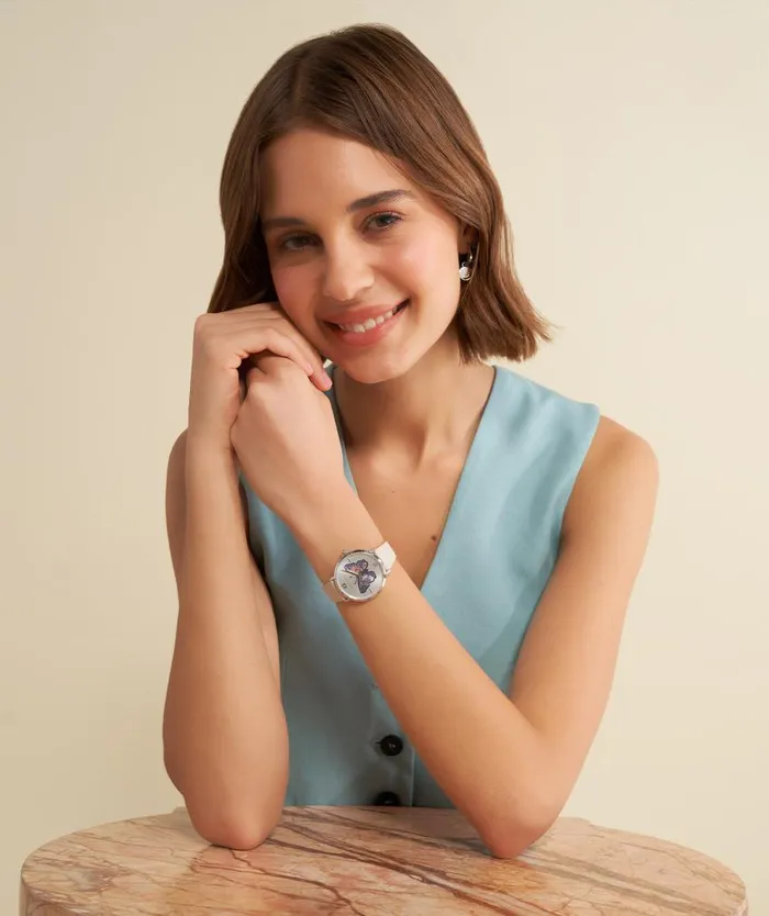 Signature Watches Women Olivia Burton 35mm Butterfly Ultra Slim Silver and Nude Leather Strap Watch