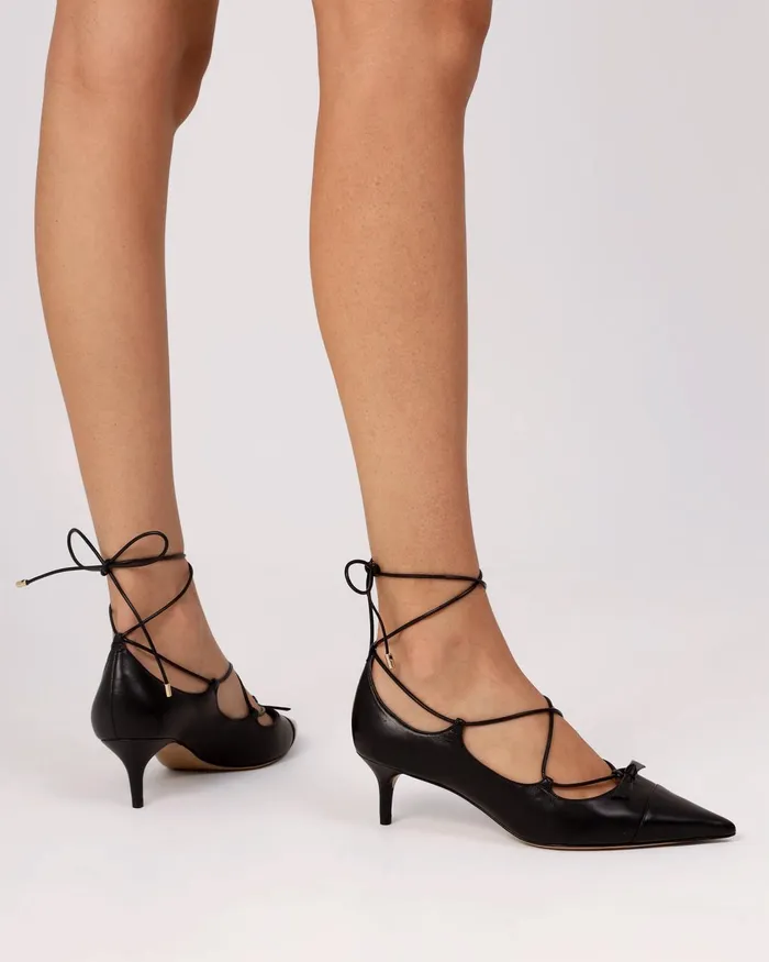 Slim Clarita Lace Up Pointed Toe Kitten Heels Black Women Alexandre Birman Pumps