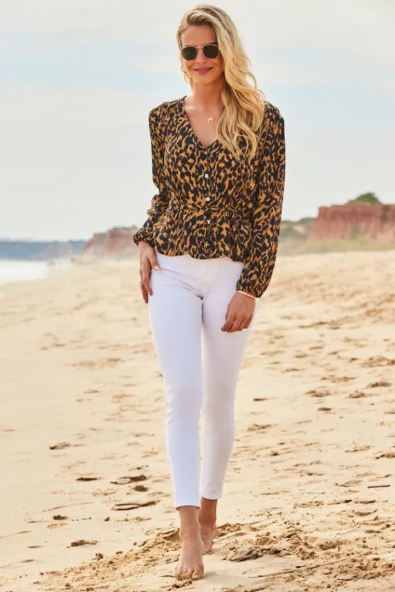 Sosandar Animal Print Button Front Blouse Women Tops