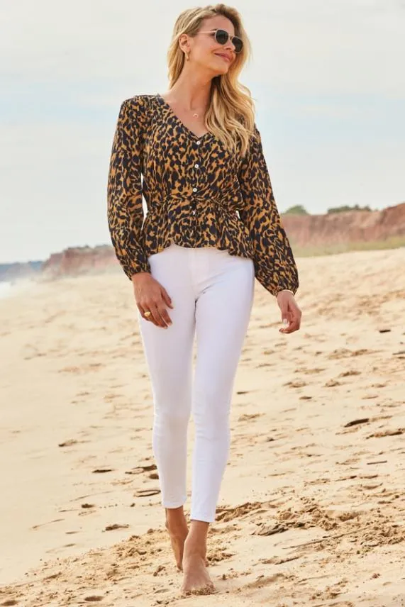 Sosandar Animal Print Button Front Blouse Women Tops