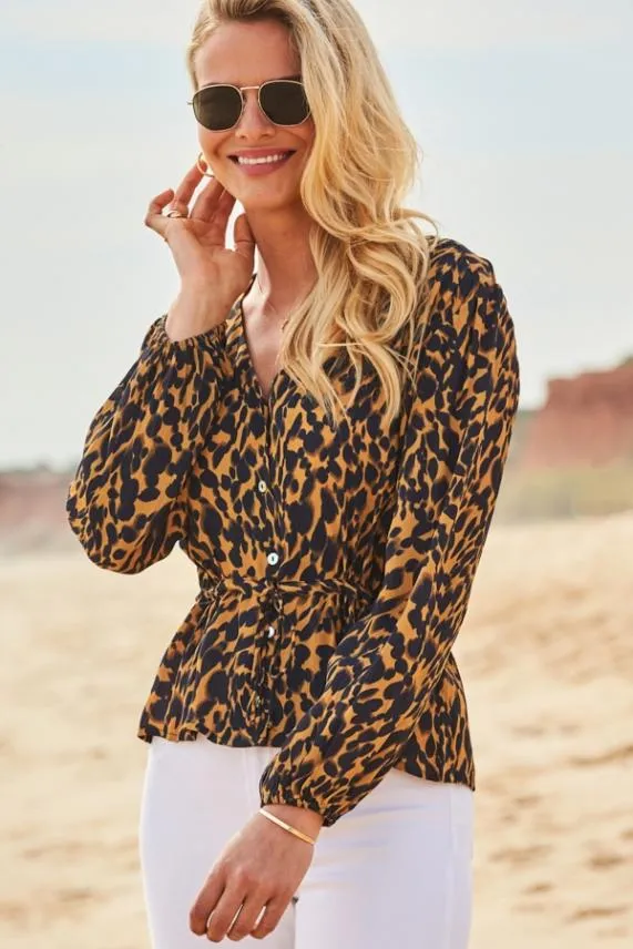 Sosandar Animal Print Button Front Blouse Women Tops