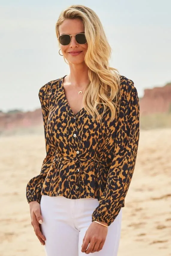 Sosandar Animal Print Button Front Blouse Women Tops