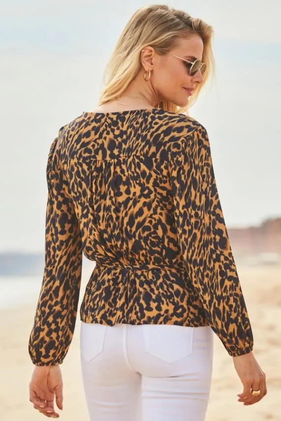 Sosandar Animal Print Button Front Blouse Women Tops