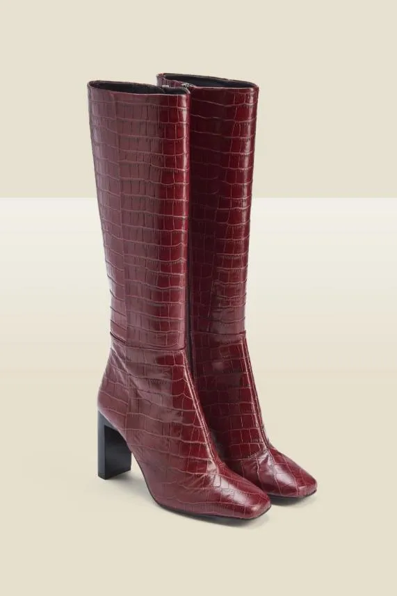 Sosandar Bailey Bordeaux Croc Leather Knee High Heeled Boot Women Boots