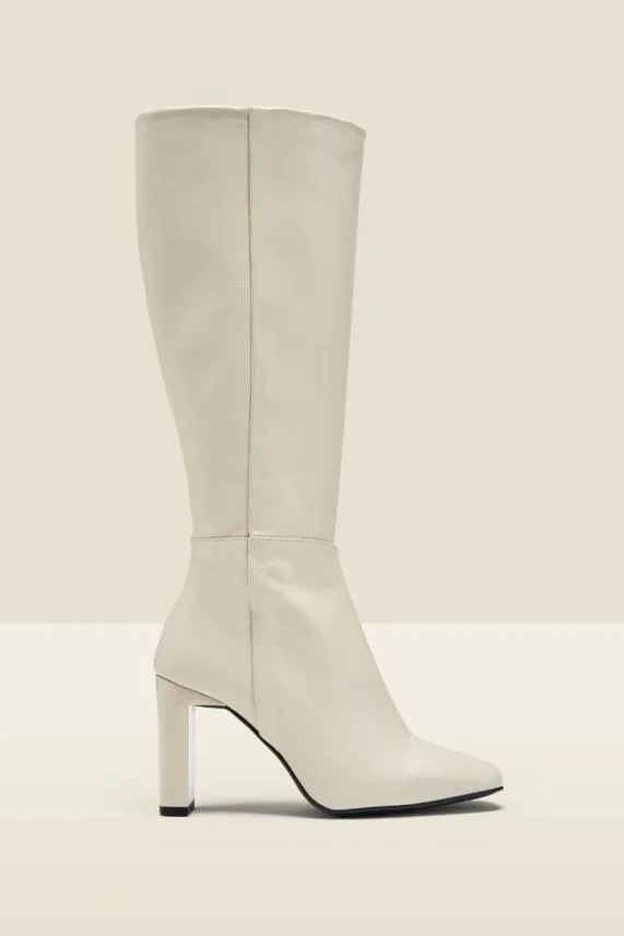 Sosandar Bailey Cream Leather Knee High Heeled Boot Cream Women Boots